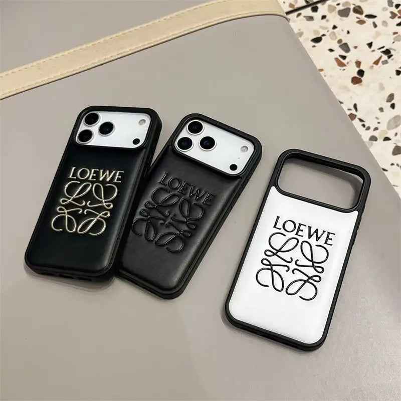 Luxury Loewe-Inspired Leather iPhone Case with Embossed Anagram Logo