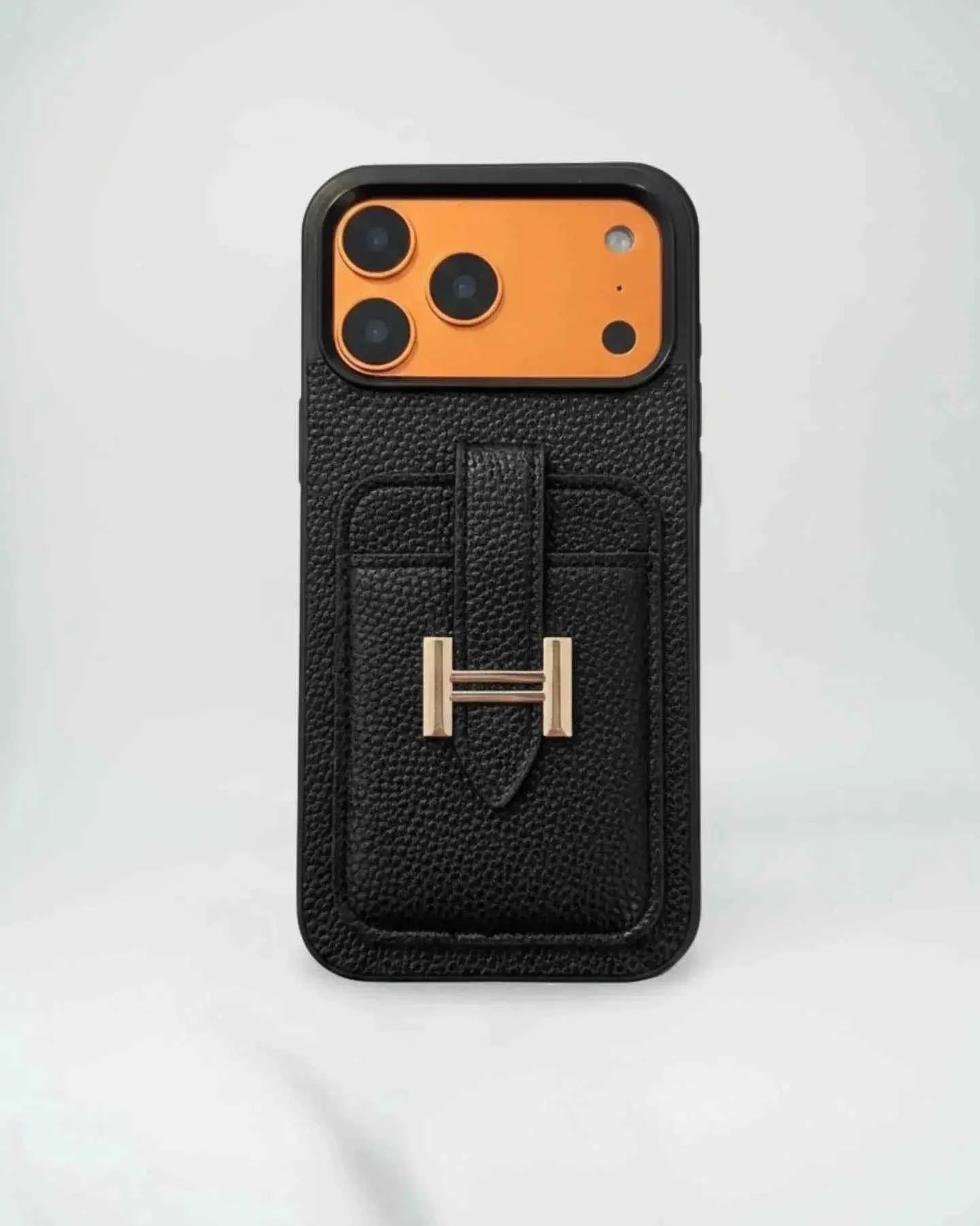 Hermès iPhone 17 Pro Max Case – Orange Leather Card Holder Luxury Designer Cover