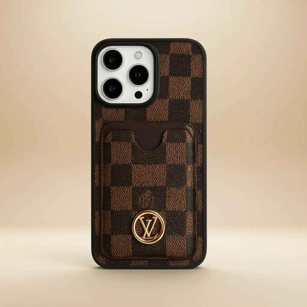 Checkered Leather Louis Vuitton iPhone 17 Pro Max Case with Card Holder – Luxury LV Cover