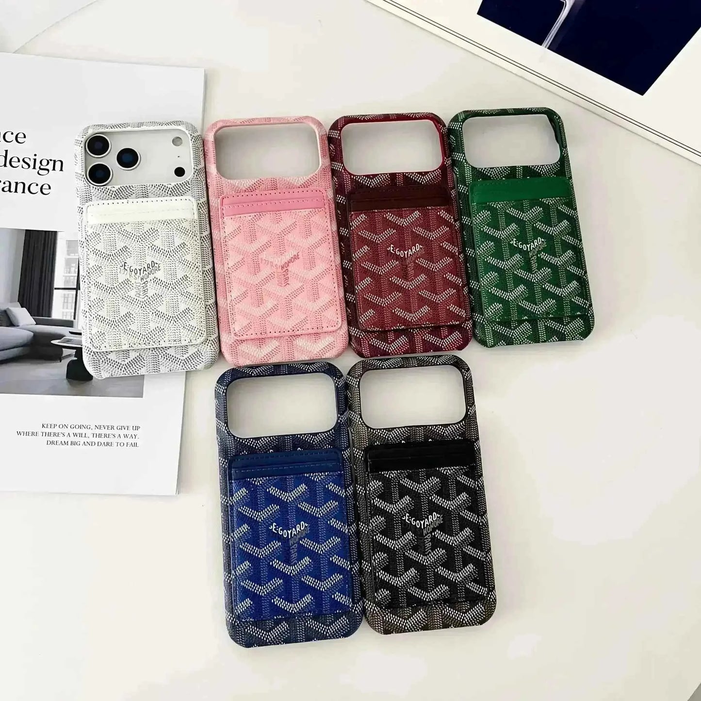 Pink Goyard iPhone 17 Pro Max MagSafe Case with Cardholder, Goyard Pattern
