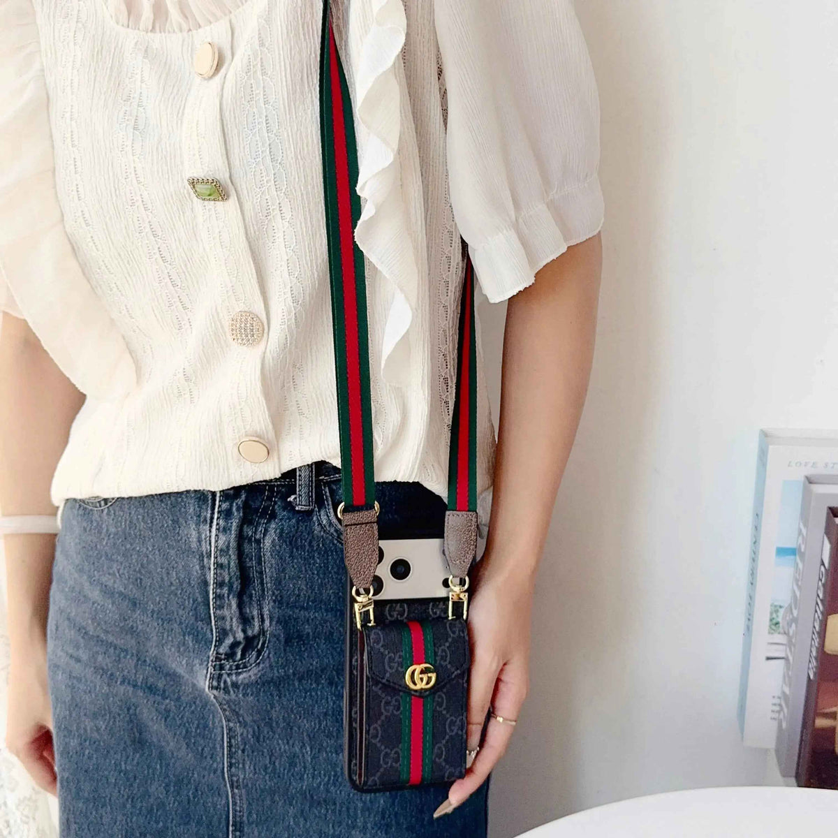 Classic Leather GG iPhone Case With Card Holder And Strap