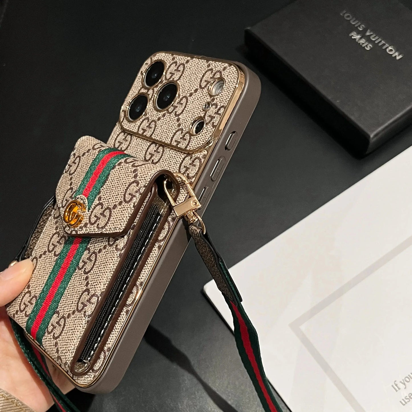 Luxury Gucci Classic GG iPhone Case With Card Holder And Strap Elitesmark
