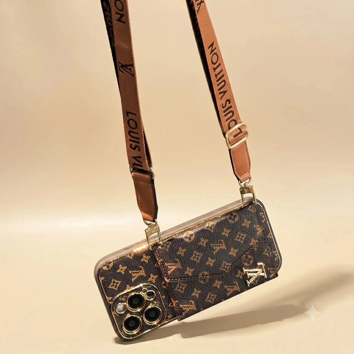 Louis Vuitton iphone 17 pro case with monogram pattern and strap on a beige background