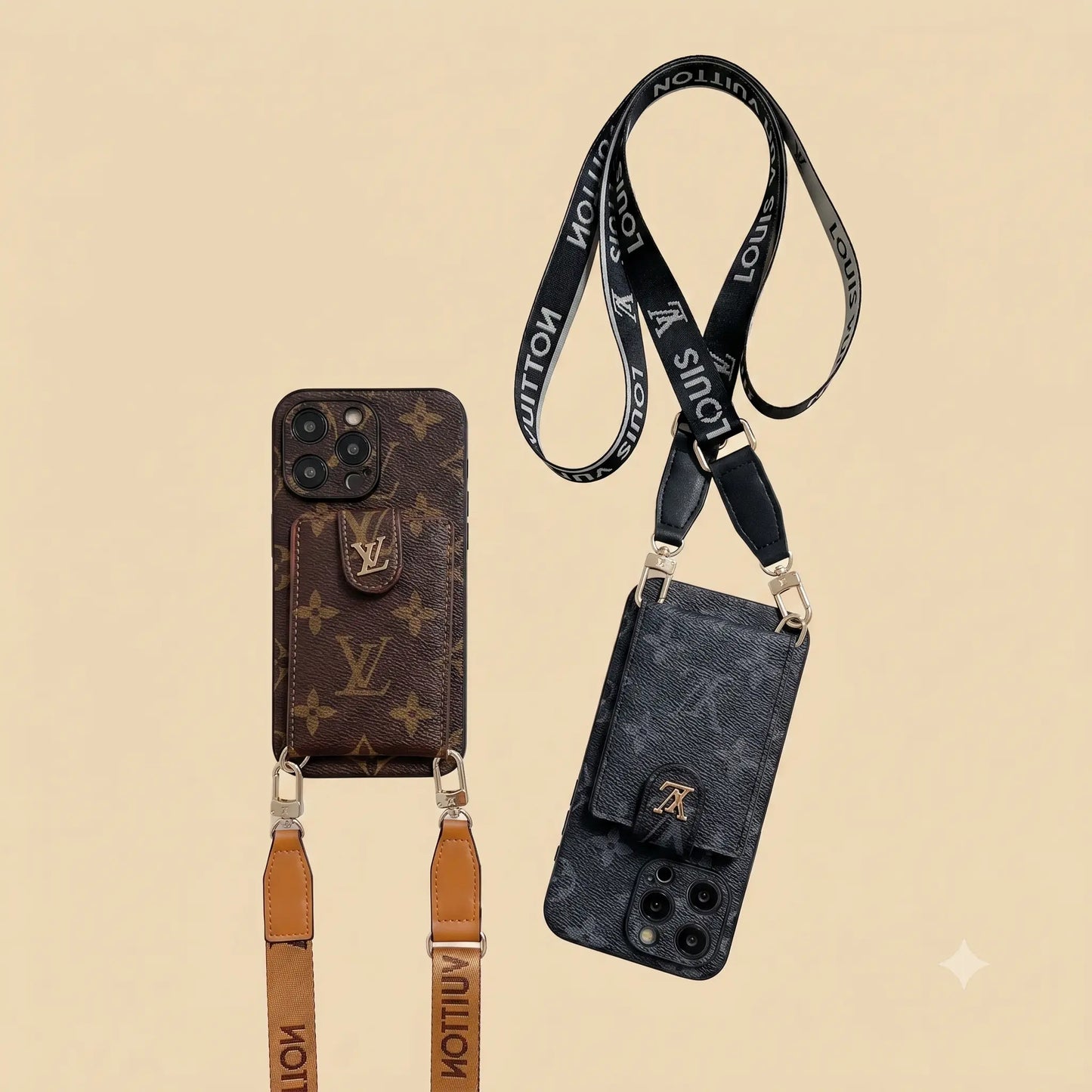 Louis Vuitton phone case with monogram pattern and matching lanyard on a beige background