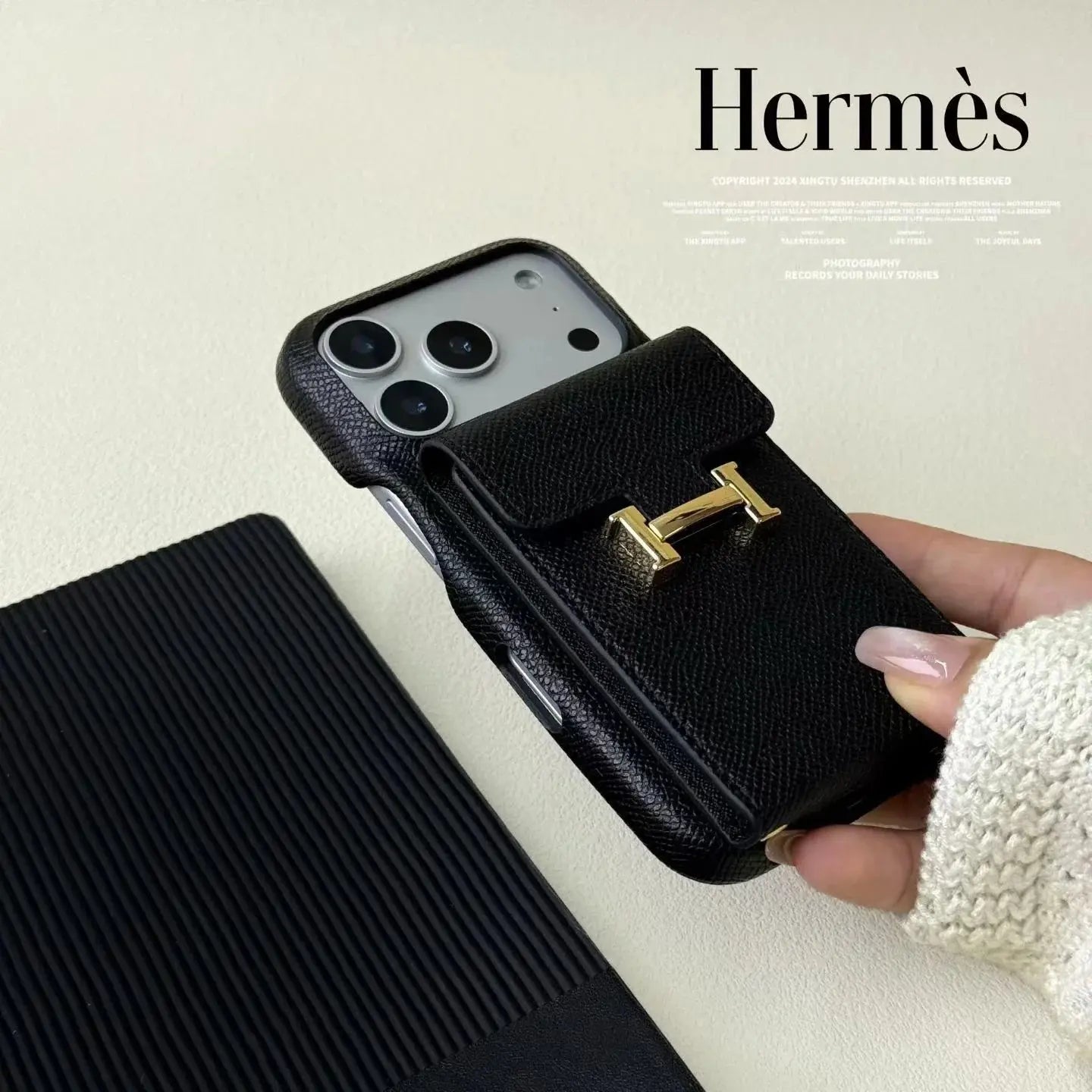 Hermès iPhone 17 Pro Max Case – Silver Leather Card Holder Luxury Cover Elitesmark