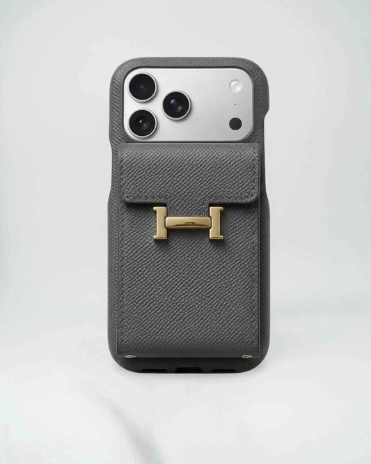 Hermès iPhone 17 Pro Max Case – Orange Leather Card Holder Luxury Cover