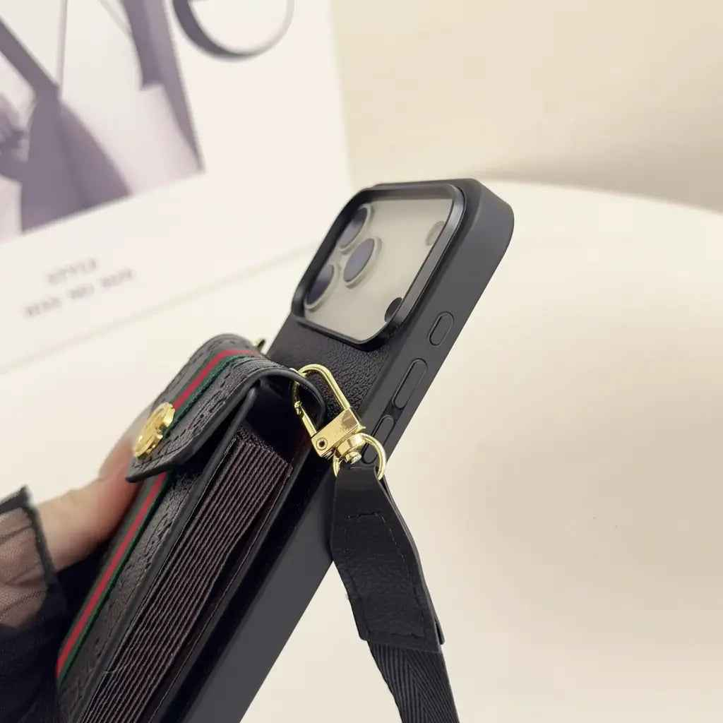 Black Louis Vuitton iPhone 17 Pro Max Case With Cardholder - Luxury LV iPhone 17 Pro with Strap