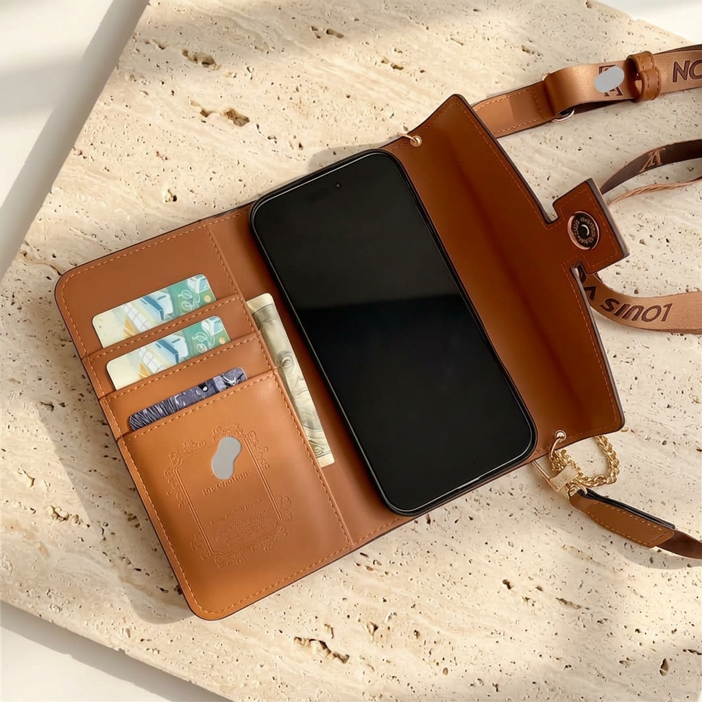 Open tan folio showing three card slots, a longer note pocket with a banknote, the phone screen and strap attachments.