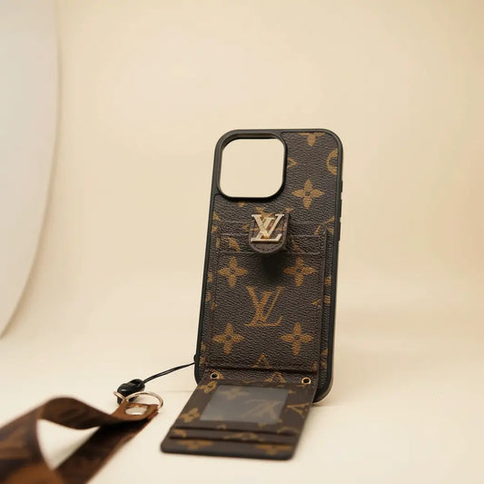 Brown LV Monogram iPhone Case – Cardholder Detail | classic tan LV canvas, luxury Louis Vuitton phone cover | Elitesmark