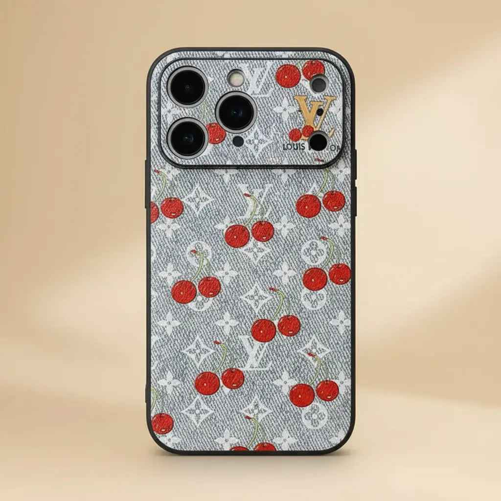 Cherry Louis Vuitton iPhone 17 Pro Max Case - LV Monogram Designer Cover Gray
