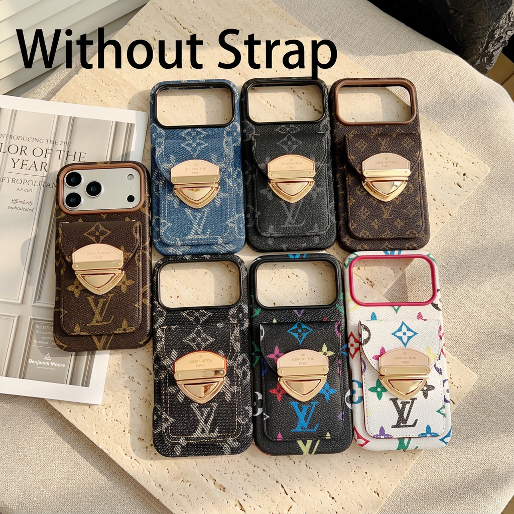 Seven Louis Vuitton monogram design rear-pocket cases without straps, showing brown, black, blue and multicolour designs with gold-tone clasps and mixed camera openings.