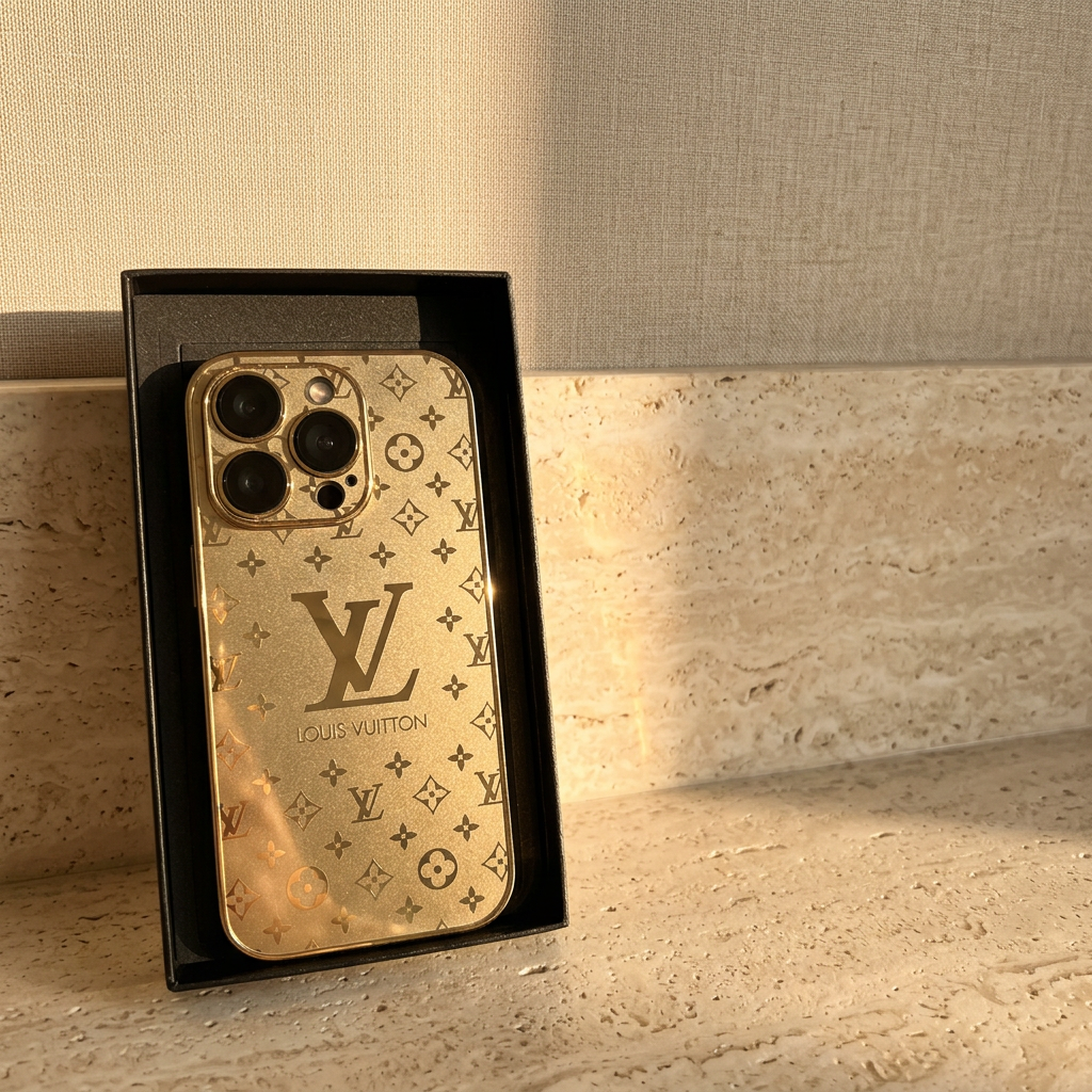 Gold Louis Vuitton monogram design iPhone case upright in a black display tray, showing a large central LV motif and compact patterned camera surround.