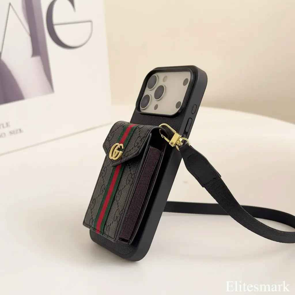 Black Gucci iPhone 17 Pro Max Case with CardHolder – GG Marmont Leather Crossbody Strap