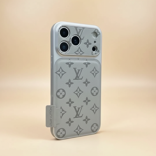 Black Louis Vuitton iPhone 17 Pro Max Case – Feature Detail | raised edges, dark LV shadow pattern, premium phone cover | Elitesmark