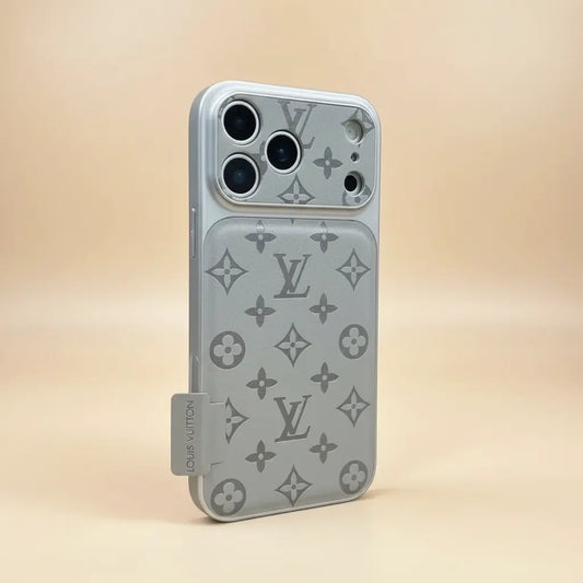 Black Louis Vuitton iPhone 17 Pro Max Case – Feature Detail | raised edges, dark LV shadow pattern, premium phone cover | Elitesmark