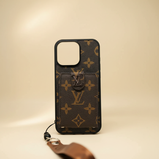 Black Louis Vuitton iPhone 17 Pro Max Case Cardholder – Full Product View | LV monogram luxury cover, Elitesmark premium phone accessories | Elitesmark