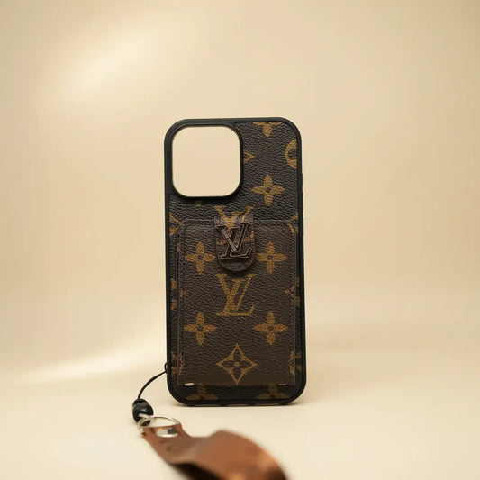 Black Louis Vuitton iPhone 17 Pro Max Case Cardholder – Full Product View | LV monogram luxury cover, Elitesmark premium phone accessories | Elitesmark