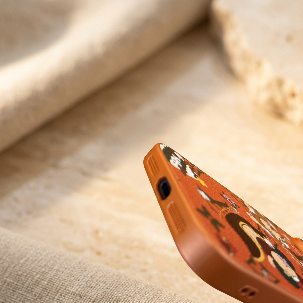 Low-angle close-up of the orange festive monogram design case showing the bottom port opening, small holes and a cropped section of the printed rear.