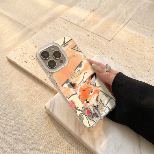 Angled Nick case showing orange fox-face artwork, a smaller fox holding a red rose and the silver-tone Nick name.