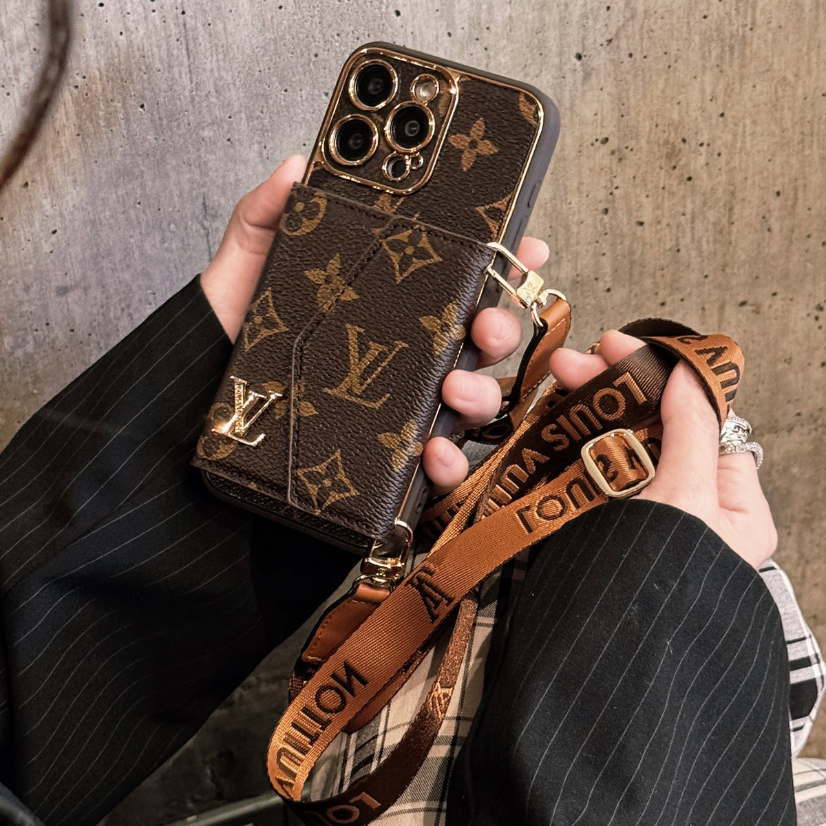 Monogram iPhone Case With Wallet And Strap Brown Small Printing-XFQ240329