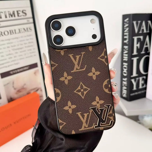 Luxury Brand Leather with Black Logo Phone Case for iPhone 13-17 - Elitesmark