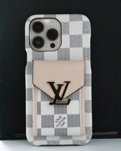 White Checkered Louis Vuitton iPhone 17 Pro Max Case With Cardholder