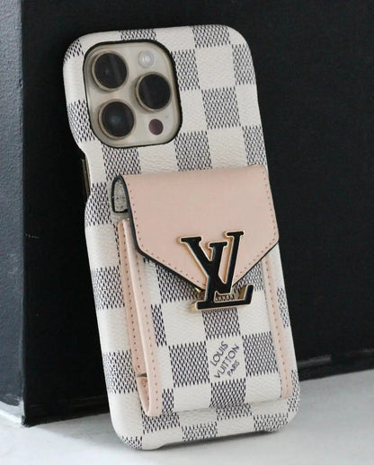 White Checkered Louis Vuitton iPhone 17 Pro Max Case With Cardholder