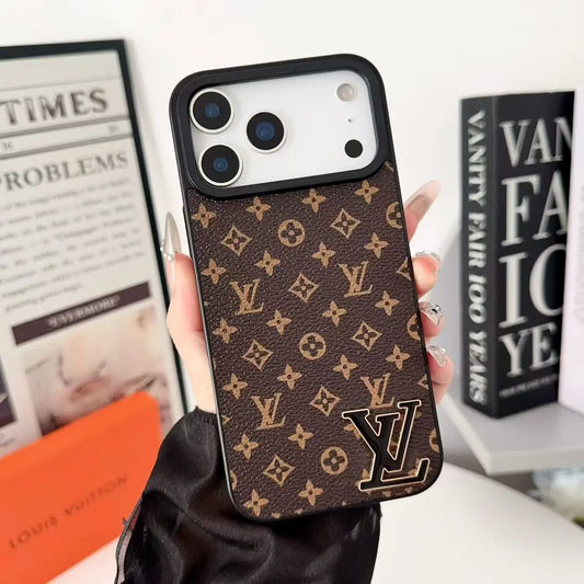 Luxury Brand Leather with Black Logo Phone Case for iPhone 13-17 - Elitesmark