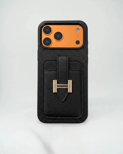 Hermès iPhone 17 Pro Max Case – Black Leather Card Holder Luxury Designer Cover