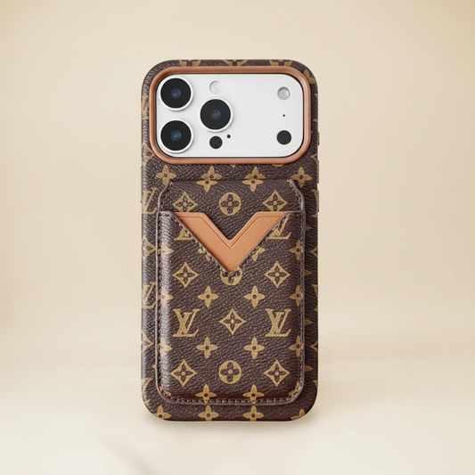 Brown Camel LV iPhone Case – Cardholder Detail | classic camel LV monogram canvas, luxury phone cover | Elitesmark