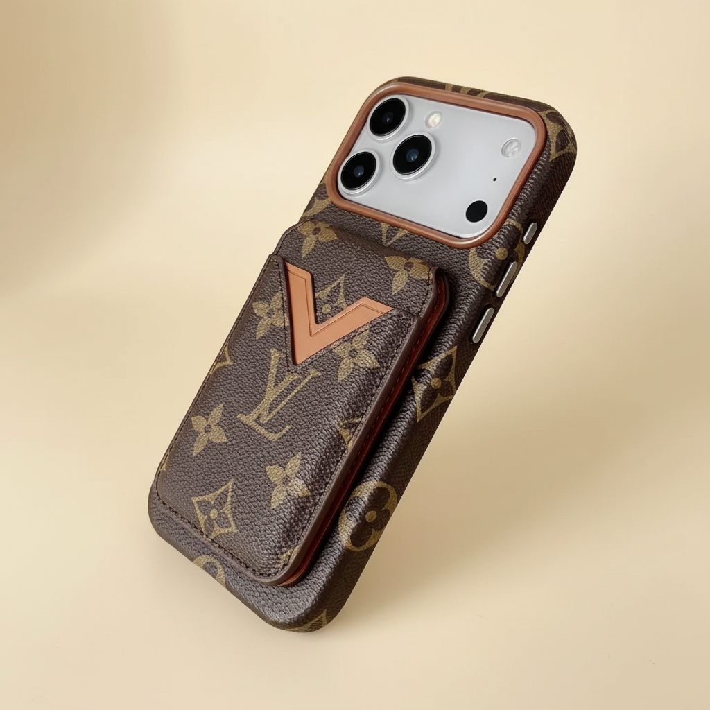 Brown Camel Louis Vuitton iPhone 17 Pro Max Case – Hardware Detail | gold LV hardware, camel canvas, luxury phone cover | Elitesmark
