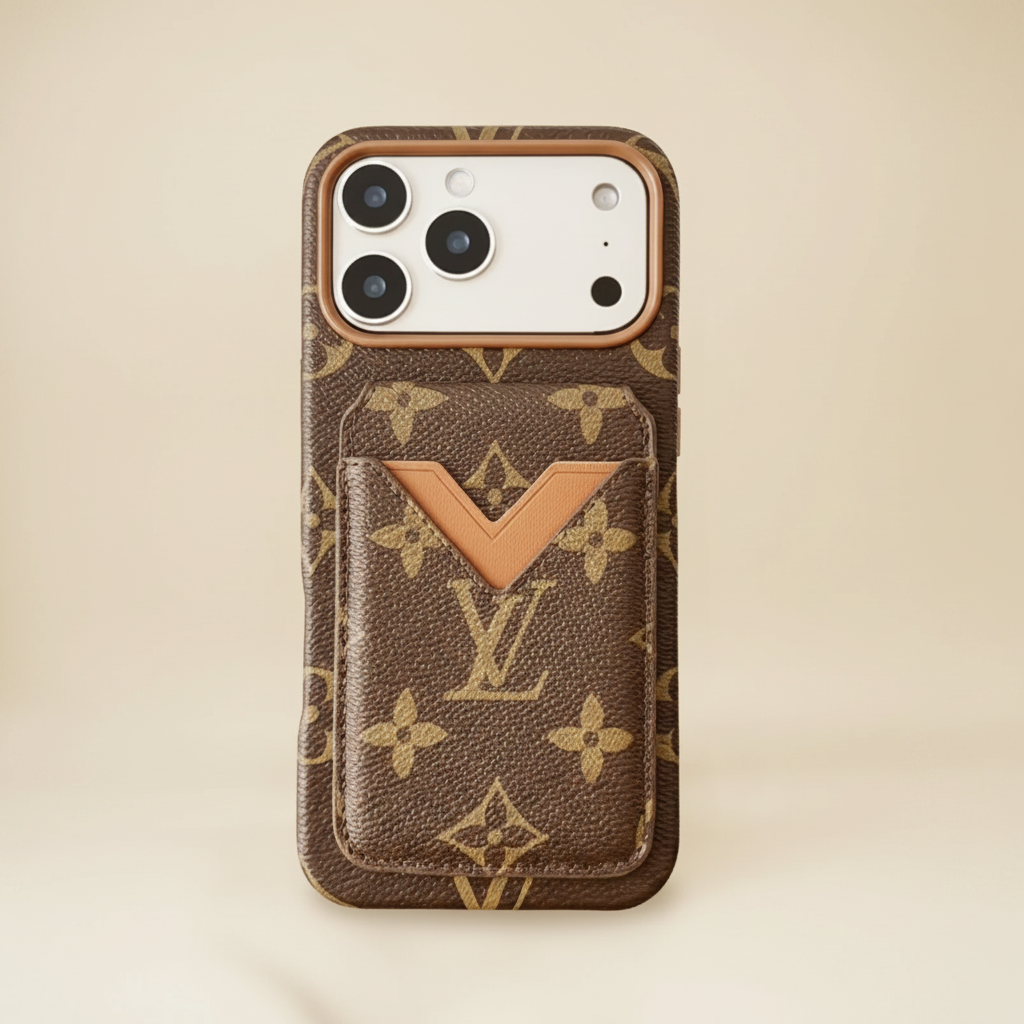 Brown Camel Louis Vuitton iPhone 17 Pro Max Case with Cardholder – Classic LV Monogram | camel brown LV canvas, card slot, gold hardware | Elitesmark
