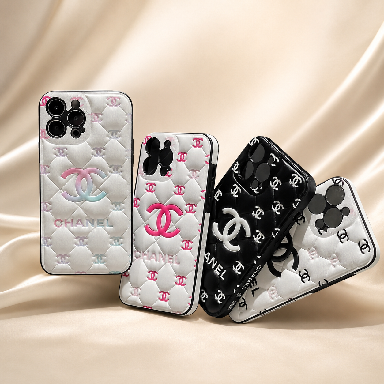 Chanel IPhone case 17 - 14 Chanel phone cases on a beige fabric background
