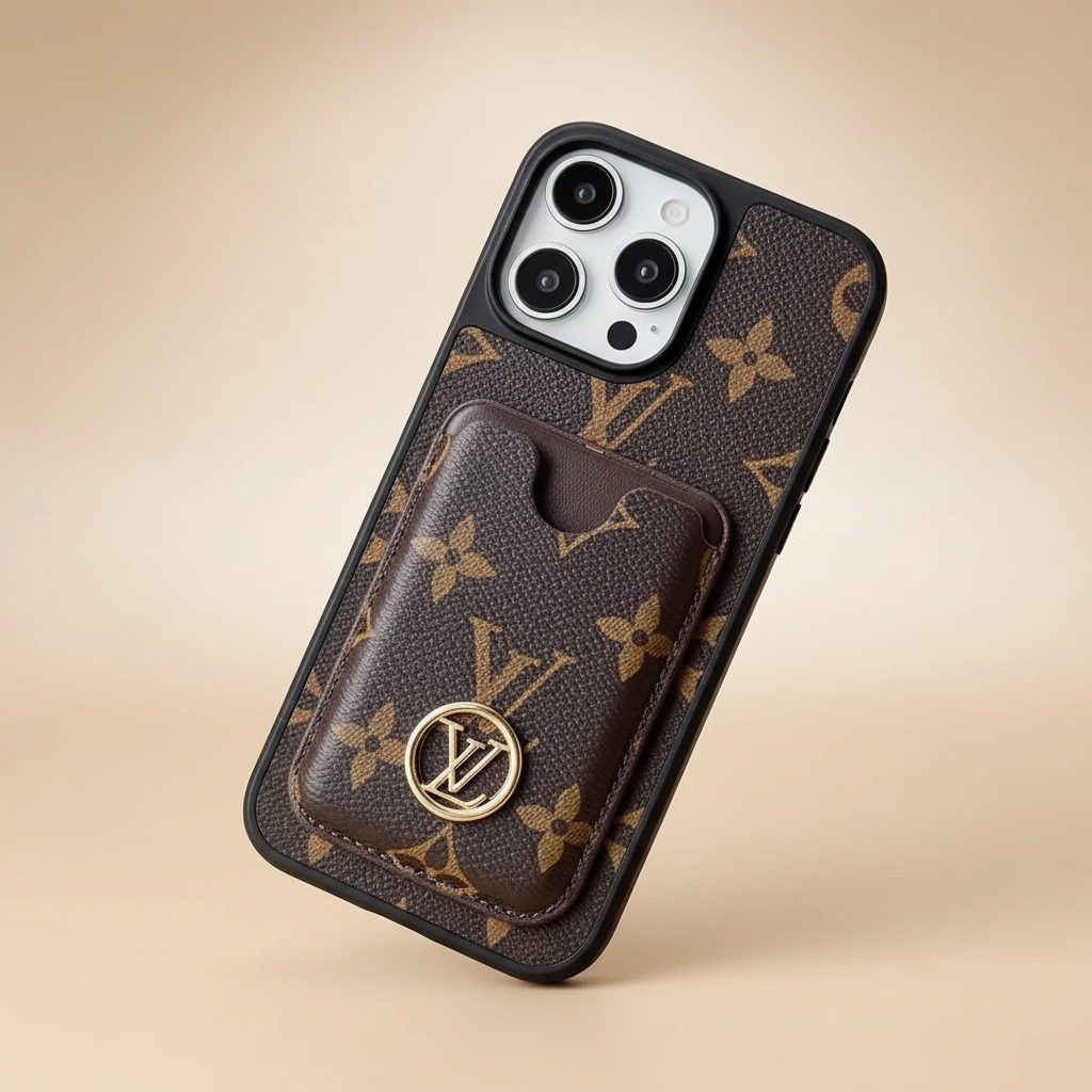 Checkered Louis Vuitton iPhone Case – Back View | LV checkered leather cardholder, premium designer iPhone 17 cover | Elitesmark