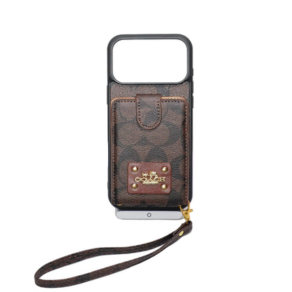 Luxury Monogram Card Holder Phone Case with Strap for iPhone 12-17 Series