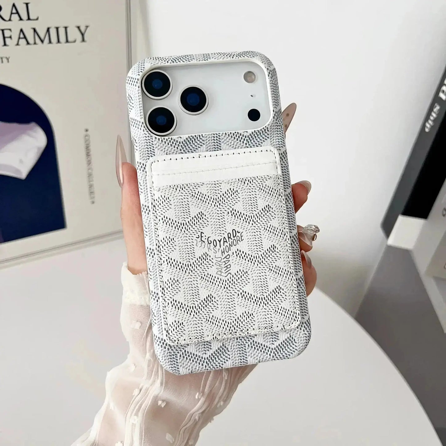 White Goyard iPhone 17 Pro Max MagSafe Case with Cardholder, Goyard Pattern