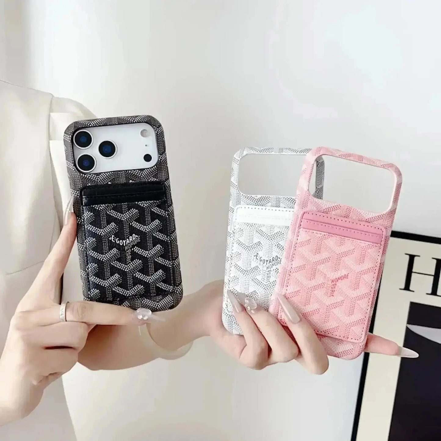 White Goyard iPhone 17 Pro Max MagSafe Case with Cardholder, Goyard Pattern