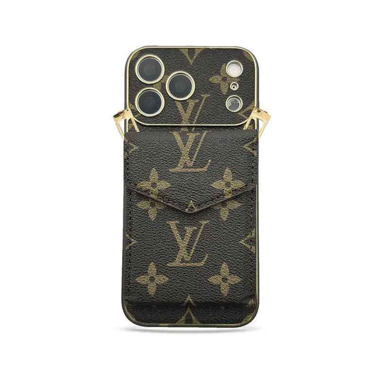 Premium Leather Monogram iPhone Case With Wallet And Crossbody Strap
