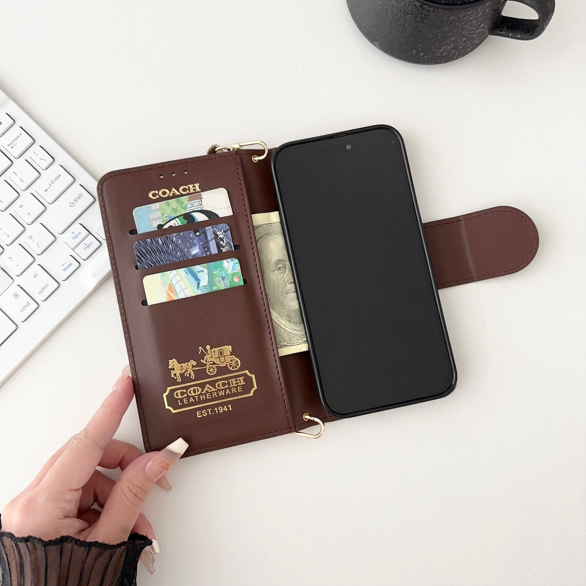 Coach iPhone Case Leather Flip Case with Card Holder Black-PTK241622