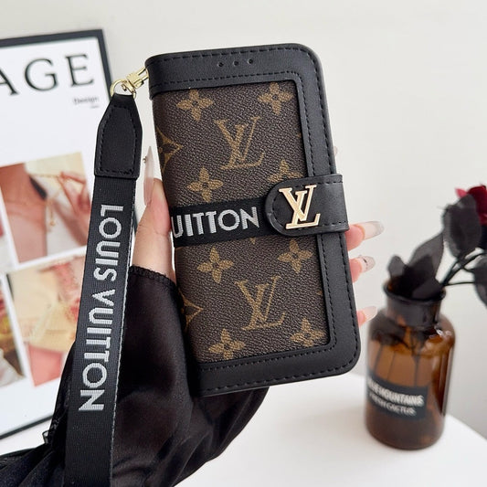 Lou Luxury Pattern Wallet iPhone Case with Card Holder and Strap