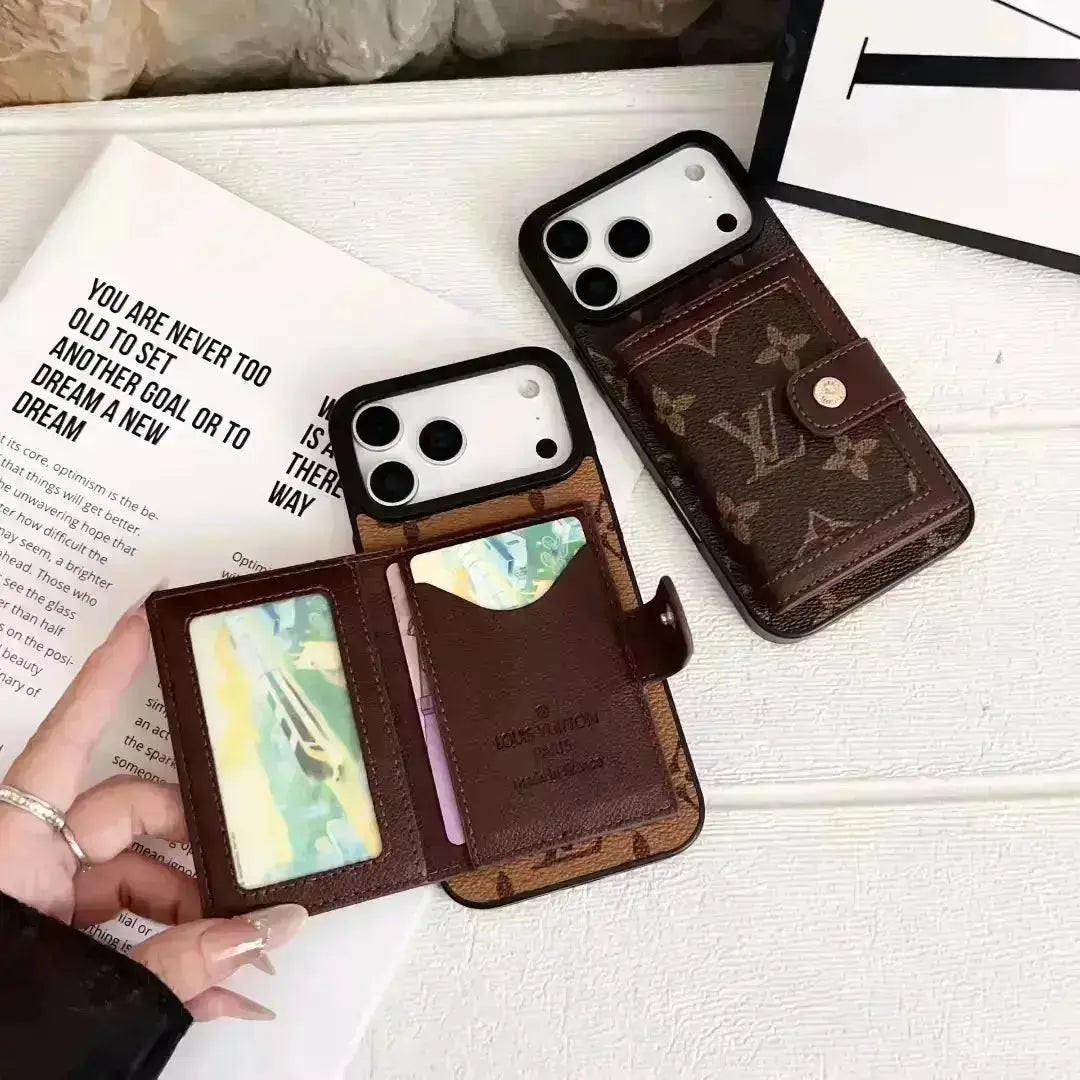 Louis Vuitton iPhone 17 Pro Max Case With Cardholder – Classic Brown Card Holder, Luxury Protective Cover