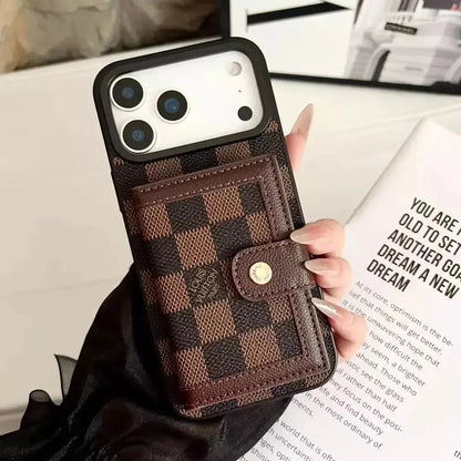 Louis Vuitton iPhone 17 Pro Max Case With Cardholder – Brown Checkered Card Holder, Damier Ebene Wallet Case