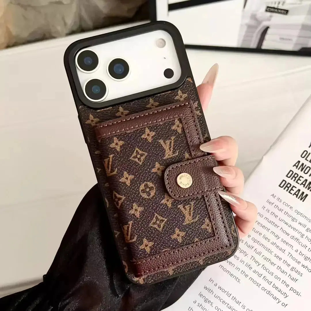 Louis Vuitton iPhone 17 Pro Max Case With Cardholder – Classic Brown Card Holder, Luxury Protective Cover