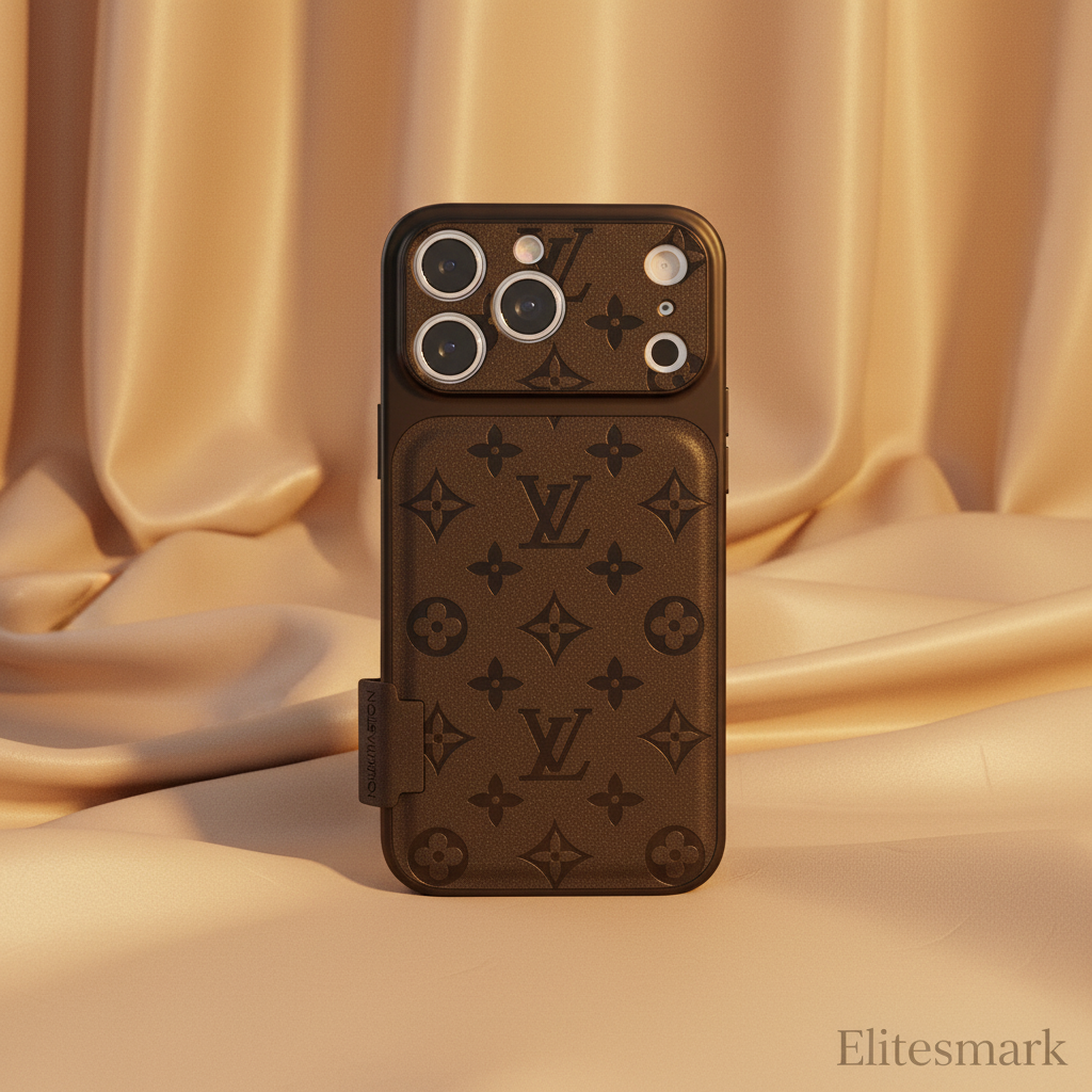 Louis Dark Signature iPhone Case – Black on Black Monogram Detail | luxury designer iPhone cover, matte finish, raised edge protection | Elitesmark