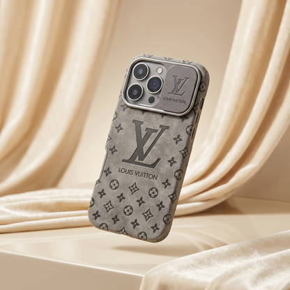 Louis Vuitton iPhone Case – Premium Leather Cover iPhone Case 17 Pro max | Black & Brown Louis Vuitton phone case on a beige fabric background