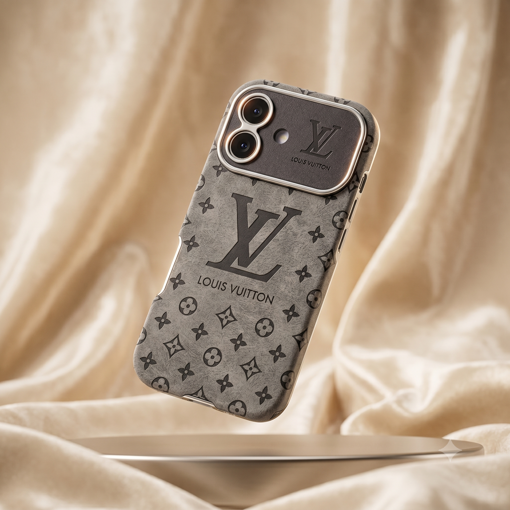 Louis Vuitton iPhone Case – Premium Leather Cover iPhone Case 17 Pro max | Black & Brown Louis Vuitton phone case on a beige fabric background