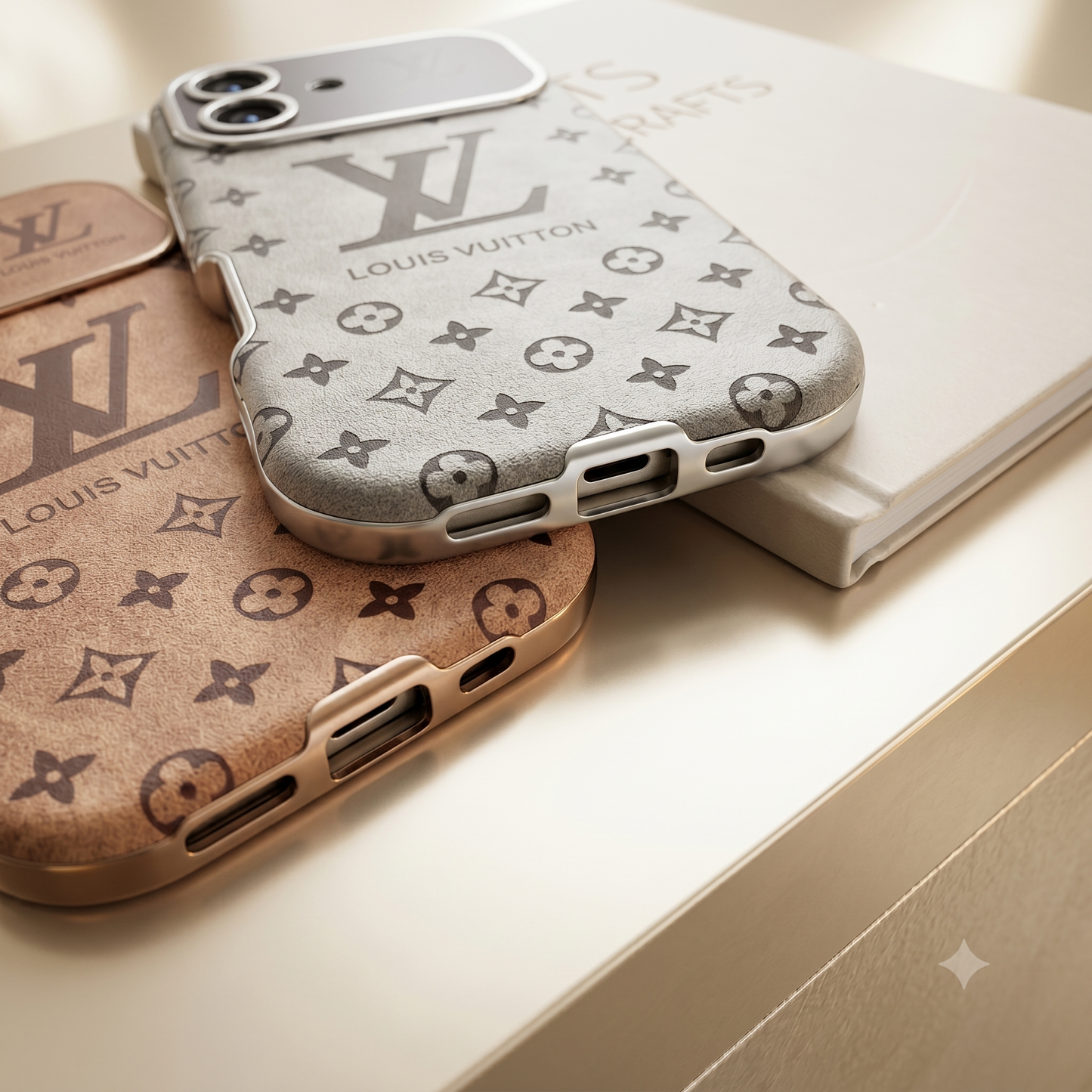 Louis Vuitton iPhone Case – Premium Leather Cover iPhone Case 17 Pro max | Black & Brown - Louis Vuitton phone cases on a light surface