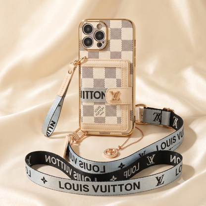 Louis Vuitton iPhone 17 Pro Max Case - 16 Pro Max cases Louis Vuitton phone case with strap on a beige fabric background