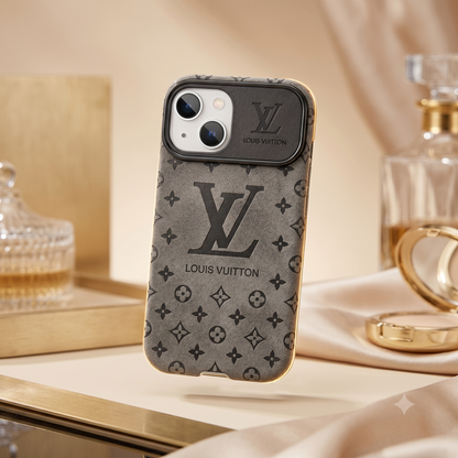 Louis Vuitton iPhone Case – Premium Leather Cover iPhone Case 17 Pro max | Black & Brown Louis Vuitton phone case on a table with decorative items