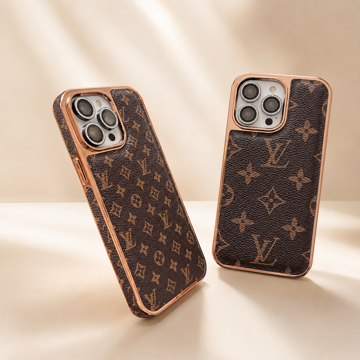 Louis Vuitton iPhone Case – LV Monogram Luxury Phone Cases Two phone cases with a prominent brand logo on a beige background